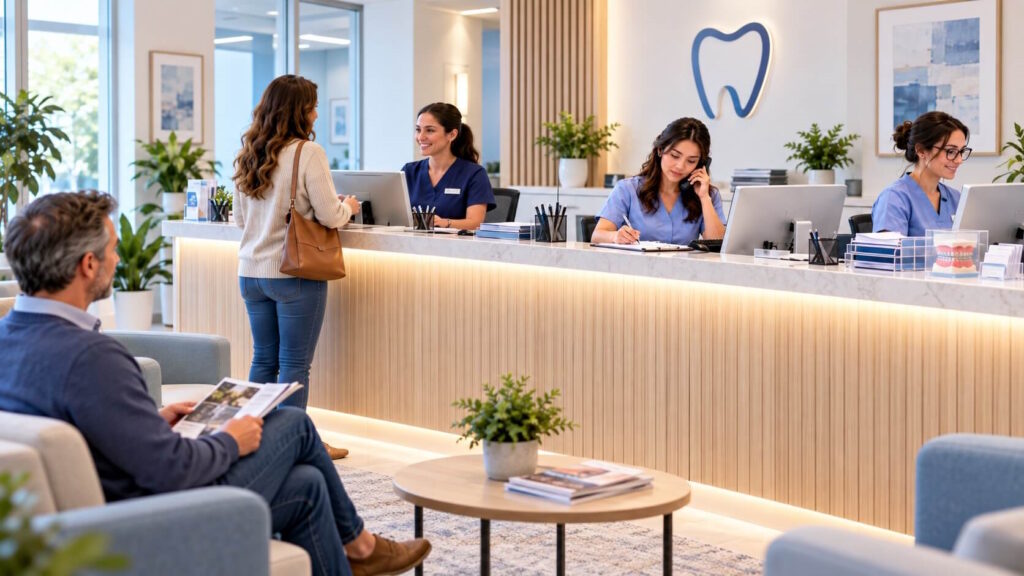 Dental administrative assistants working at the reception desk of a specialized dental clinic